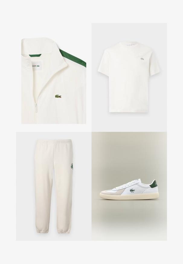 Chaqueta blanca con cremallera y detalles de malla verde en los hombros, además de un pequeño logotipo de cocodrilo verde en el pecho. Material ligero.; Camiseta blanca de algodón con mangas cortas, que presenta un sutil logo bordado y un diseño minimalista. Textura suave, escote de cuello redondo.; Pantalones de chándal de color beige claro, hechos de algodón, con una cinturilla elástica, puños acanalados y un logo verde con diseño de hoja en la pierna izquierda.; Zapatilla blanca con acentos verdes, materiales de ante y cuero, punta redondeada, suela texturizada y logotipo bordado en el lateral y en la lengüeta.
