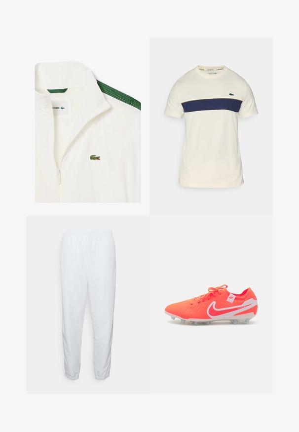 Fehér zipzáras dzseki zöld hálós díszítéssel a vállakon és egy kis zöld krokodil logóval a mellrészen. Könnyű anyag.; Krém és tengerészkék Lacoste póló kerek nyakkal, rövid ujjakkal és vízszintes színsávval. Zöld krokodil logóval rendelkezik.; Fehér, könnyű, rugalmas derékú nadrág, tapered lábakkal és rugalmas mandzsettával. Simább textúra, nincsenek látható minták vagy fémalkatrészek.; Fényes narancssárga Nike focicipő texturált felsőrésszel, fehér díszítéssel és fűzőkkel. Formázott tüskéi vannak a füves felületekhez való tapadás érdekében.