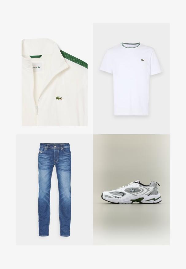 Bijela jakna na patentni zatvarač s zelenim mrežastim detaljima na ramenima i malim zelenim logotipom krokodila na prsima. Lagani materijal.; Bijela pamučna majica kratkih rukava s rebrastim ovratnikom koja ima zelene i crne pruge; mali zeleni izvezeni logo na lijevoj strani prsnog koša.; Plave uske traperice s izblijedjelim efektom, prednji gumb, zatvarač na patentni zatvarač i dizajn s pet džepova na bijeloj pozadini.; Bijela i siva sportska trkačka cipela s mrežastim panelima, zelenim akcentima, crnim detaljima i logotipom sa strane, prikazana sa vanjske strane.