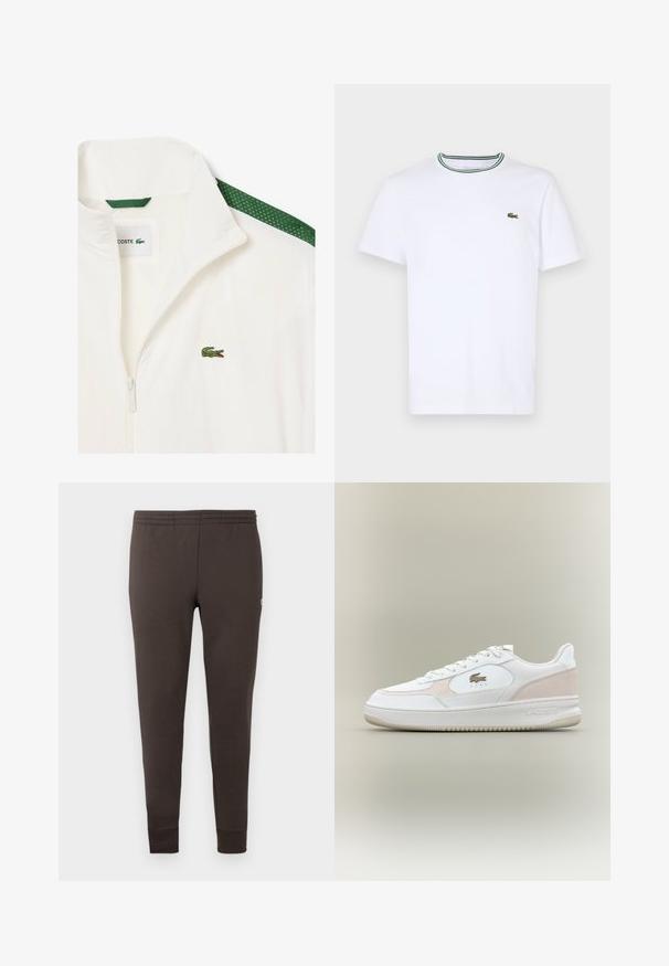 Biała kurtka zapinana na zamek z zielonymi siateczkowymi akcentami na ramionach i małym zielonym logo krokodyla na piersi. Lekki materiał.; Biała bawełniana koszulka T-shirt z krótkim rękawem i prążkowanym kołnierzykiem, ozdobiona zielonymi i czarnymi paskami; małe zielone haftowane logo po lewej stronie klatki piersiowej.; Ciemnobrązowe dresy wykonane z miękkiego materiału. Posiadają elastyczny pasek w talii i zwężane mankiety. Minimalistyczny design bez wzorów.; Białe sneakersy z gładkiej skórzanej cholewki, z zamszowymi akcentami i gumową podeszwą. Posiadają wytłoczone logo i sznurowany design. Minimalistyczna estetyka.