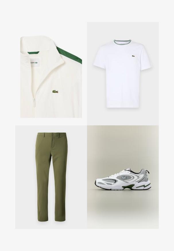Hvit zip-up jakke med grønne nettingdetaljer på skuldrene og en liten grønn krokodillelogo på brystet. Lett materiale.; Hvit bomulls T-skjorte med korte ermer og ribbet krage som har grønne og svarte striper; liten grønn brodert logo på venstre bryst.; Olivenfargede bukser laget av glatt stoff med rett snitt, med knappelukking og beltehemper. Ingen synlige mønstre eller detaljer.; Hvit og grå sporty løpesko med mesh-paneler, grønne detaljer, svarte elementer og en logo på siden, vist fra utsiden.