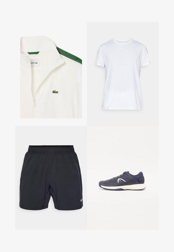 Biela zipsová bunda s zelenými sieťovými akcentmi na pleciach a malým zeleným krokom na hrudi. Ľahký materiál.; Biela krátkopupková tričko vyrobená z ľahkej látky. Má okrúhly výstrih a jemný textúrovaný vzor. Na rukáve je vytlačené logo.; Čierne šortky s elastickým pásom, vyrobené z hladkej, ľahkej látky, s malým logom na dolnej pravej strane.; Námornícka športová obuv s textúrovaným dizajnom a bielym logom. Obsahuje polstrovanú podrážku a tmavomodré akcenty na vrchu a päte.