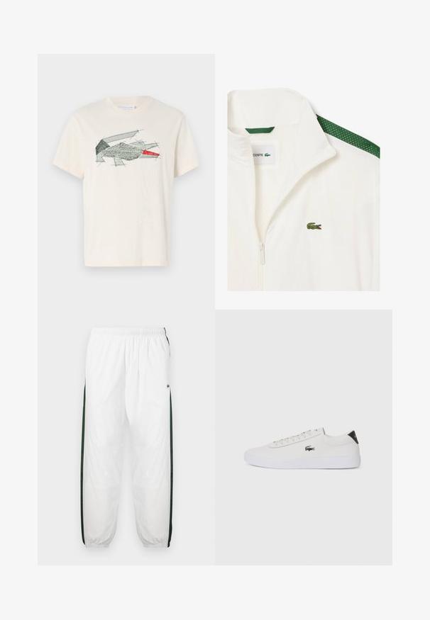 Valkoinen vetoketjullinen takki, jossa on vihreät verkkokangasviimeistelyt olkapäillä ja pieni vihreä krokotiililogo rinnassa. Kevyt materiaali.; Kerman t-paita, joka on valmistettu puuvillasta, vihreällä ja punaisella abstraktilla brodeerauksella. Lyhyet hihat ja pyöreä pääntie.; Valkoiset urheiluhousut tummanvihreillä sivupaneeleilla. Kevyt materiaali, joustava vyötärö ja resorit. Sivupaneeleissa on verkkotyyppinen tekstuuri.; Valkoinen nahkakenkä pyöreällä varvalla, nauhakiinnitys edessä ja musta kantapään korostus. Sivussa pieni brodyoitu krokotiililogo.