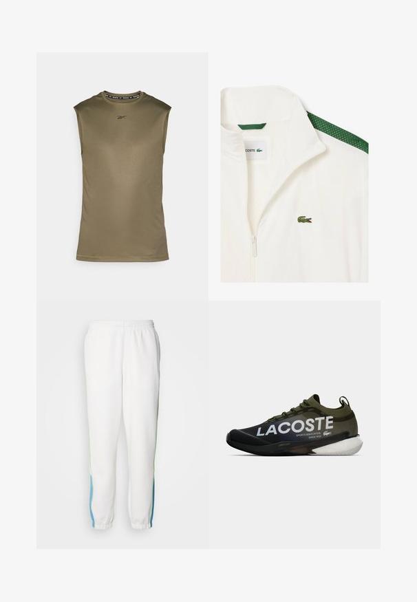 Hvit zip-up jakke med grønne nettingdetaljer på skuldrene og en liten grønn krokodillelogo på brystet. Lett materiale.; Ermeløs atletisk topp i olivengrønn, laget av glatt, lett materiale. Har en svart Reebok-logo og rund hals.; Hvite joggebukser med elastisk midje, prydet med grønne og blå siderander. Myk stoffkvalitet med tapered ankeldesign.; Lacoste idrettssko i mørk grønn og svart med hvit merkevare. Har glatt syntetisk materiale, teksturerte snørebånd og en skumgummi såle.