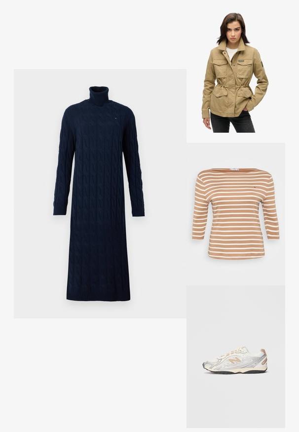 Beige utilityjakke med lynlås og trykknaplukning, to brystlommer, snørredetalje i taljen og grøn logo-patch på ærmet. Vævet bomuldsmateriale.; Stribet langærmet top i lys brun og hvid, med en bådudskæring og blødt bomuldsstof. Inkluderer et lille logo på brystet.; Mørkeblå, langærmet kabelstrik turtleneck kjole med ribbet manchetter og kant, med et lille logo på brystet.; Sportsko i let grå med sølv accenter, mesh-overdel, beige detaljer og sort gummisål. Har snørebånd og polstret krave.