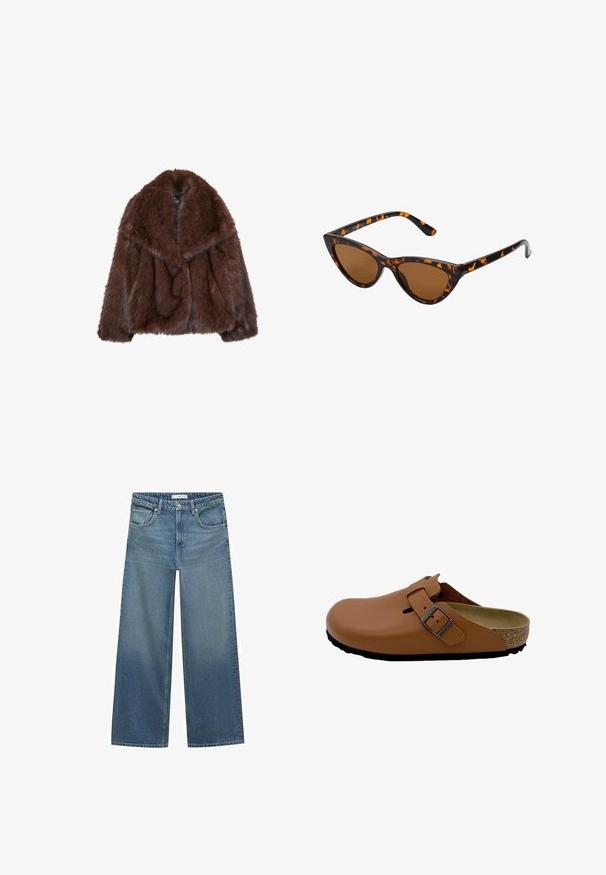 Brauner Kunstpelzmantel mit breitem Kragen, lockerer Passform und weicher Textur. Hat ein voluminöses Design und keine sichtbaren Verschlüsse.; Brauner Strickpullover mit rundem Halsausschnitt, überschnittenen Schultern und gerippten Bündchen. Weiche Textur, kurzes Design und lockere Passform.; Helleblaue weit geschnittene Jeans aus Denim mit mittelhoher Taille, zwei Fronttaschen und klassischen Nähten.; Birkenstock Clogs - ginger_brown; Katzenaugen-Sonnenbrille mit einem schwarz-orangenen Schildpattrahmen, braunen Gläsern und schlanken, spitzen Enden. Verfügt über ein minimalistisches Logo am Bügel.; Dunkelbraune Wildleder-Handtasche mit strukturierter Form, ausgestattet mit zwei oberen Griffen und einem abnehmbaren Riemen mit einer goldfarbenen Schnallenakzent.