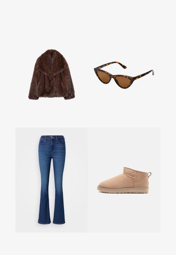 Brun fuskpälsjacka med bred krage, lös passform och mjuk textur. Har en voluminös design och inga synliga knäppningar.; Brun stickad tröja med rund halsringning, sänkta axlar och ribbade ärmslut. Mjuk textur, kort design och lös passform.; Höga, utsvängda jeans i mörkblå denim, med femfickorsdesign, metallknappstängning och subtil blekning längs benen.; Tan mocka ankle boots med rund tå, mjuk textur, enkelt design och en låg gummisula. Har en dragflik på baksidan.; Kattögon-solglasögon med en ram i svart och orange sköldpaddsmönster, bruna linser och smala, spetsiga tips. Har en minimalistisk logotyp på bågen.; Mörkbrun mockaväska med en strukturerad form, som har två handtag upptill och ett avtagbart bälte med en guldfärgad spänne.
