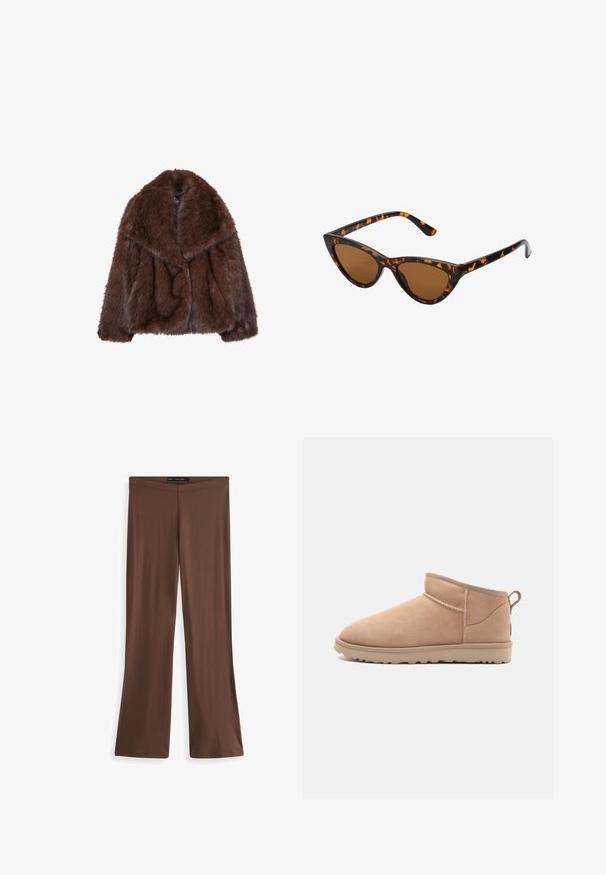 Manteau en fausse fourrure marron avec un large col, coupe ample et texture douce. Présente un design volumineux et sans fermetures visibles.; Pull en maille marron avec un col rond, des épaules basses et des poignets côtelés. Texture douce, design court et coupe ample.; Pantalons évasés marron en tissu extensible avec une texture lisse et une taille élastique. Pas de motifs ni de matériel visible. Design simple, longueur complète.; Botte de cheville en daim beige avec un bout arrondi, une texture douce, un design simple et une semelle en caoutchouc à profil bas. Dispose d'une languette à l'arrière.; Lunettes de soleil style œil de chat avec une monture en écaille de tortue noire et orange, verres marron et pointes effilées et élégantes. Présente un logo minimaliste sur la branche.; Sac à main en cuir suédé marron foncé avec une forme structurée, doté de deux poignées supérieures et d'une bandoulière détachable avec une boucle en ton doré.
