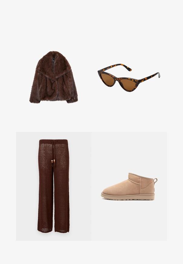 Hnedý umelý kožuch s širokým golierom, vo voľnom strihu a mäkkou textúrou. Má objemný dizajn a žiadne viditeľné zapínanie.; Hnedý pletený sveter s okrúhlym výstrihom, spustenými ramenami a rebrovanými manžetami. Mäkká textura, krátky strih a voľný fit.; Hnedé pletené nohavice so širokými nohavicami, so sťahovacím pásom a drevenými korálkami. Materiál je polopriesvitný s textúrovaným vzorom.; Svetlé semišové členkové čižmy s okrúhlou špičkou, jemnou textúrou, jednoduchým dizajnom a nízkoprofilovou gumovou podrážkou. Obsahujú pomocný pásik na zadnej strane.; Mačacie slnečné okuliare s čiernym a oranžovým želvovinovým rámom, hnedými sklami a elegantnými, špicatými koncami. Obsahujú minimalistické logo na spánku.; Tmavo hnedá semišová kabelka so štruktúrovaným tvarom, s dvomi hornými uchami a odnímateľným popruhom s akcentom zlatého tónu s prackou.