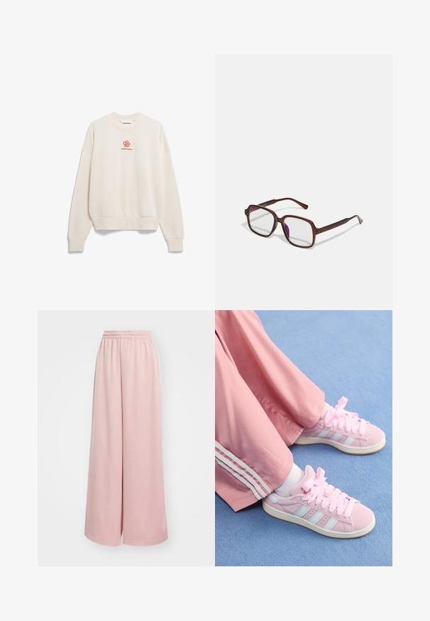 Brauner Kunstpelzmantel mit breitem Kragen, lockerer Passform und weicher Textur. Hat ein voluminöses Design und keine sichtbaren Verschlüsse.; Cremfarbener Sweatshirt mit gerippten Bündchen und Saum. Verfügt über ein rotes, gesticktes Blumenlogo auf der Brust. Weiches, gemütliches Material.; Helle rosa weit geschnittene Hose mit elastischem Bund. Glatter Stoff mit seitlichen Taschen und dezentem Branding am linken Bein.; Rosa Sportschuhe mit hellblauen Streifen, runder Zehenform und dicken rosa Schnürsenkeln, kombiniert mit rosa Jogginghosen mit weißen Seitenstreifen.; Braune, rechteckige Brille mit transparenten Gläsern und lila Tönungen. Glatter Kunststoffrahmen mit geraden Bügeln und dezenten Akzenten.; Gelbe lackierte Lederhandtasche mit runder Form, einem einzelnen oberen Griff und einer silbernen Logo-Platte. Verfügt über einen Reißverschluss und eine glatte Textur.; Goldring mit großem "M"-Design, besetzt mit kleinen klaren Strasssteinen, glatter, glänzender Band, modernes, mutiges Aussehen.