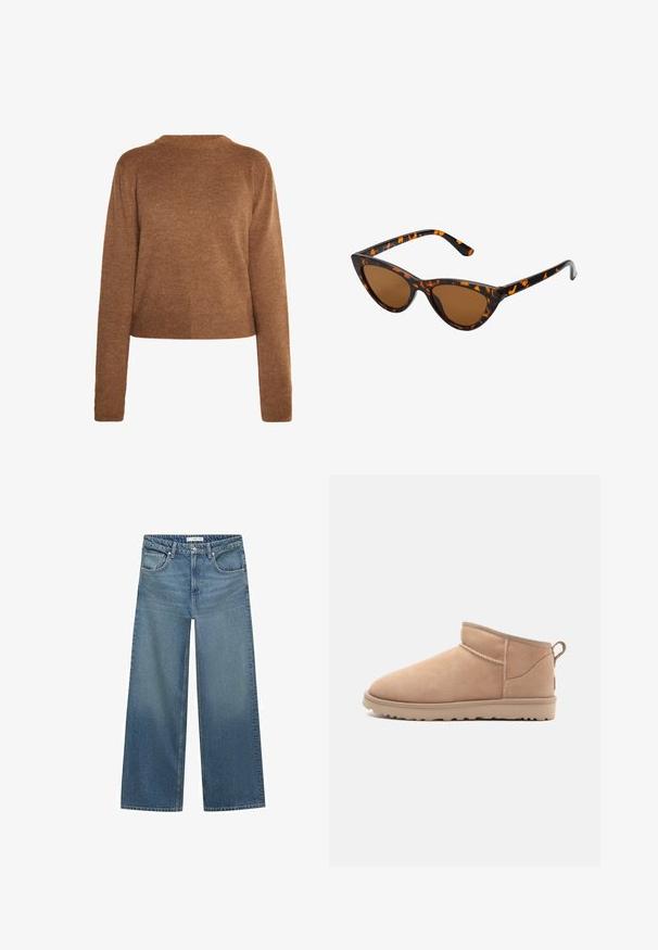 Hnedý umelý kožuch s širokým golierom, vo voľnom strihu a mäkkou textúrou. Má objemný dizajn a žiadne viditeľné zapínanie.; Hnedý pletený sveter s dlhými rukávmi, okrúhlym výstrihom a skráteným lemom. Mäkka textúra, minimalistický dizajn a žiadne viditeľné vzory.; Svetlomodré široké džínsy vyrobené z denimu, s pásom strednej výšky, dvoma prednými vreckami a klasickými prešívacími detailmi.; Svetlé semišové členkové čižmy s okrúhlou špičkou, jemnou textúrou, jednoduchým dizajnom a nízkoprofilovou gumovou podrážkou. Obsahujú pomocný pásik na zadnej strane.; Mačacie slnečné okuliare s čiernym a oranžovým želvovinovým rámom, hnedými sklami a elegantnými, špicatými koncami. Obsahujú minimalistické logo na spánku.; Tmavo hnedá semišová kabelka so štruktúrovaným tvarom, s dvomi hornými uchami a odnímateľným popruhom s akcentom zlatého tónu s prackou.