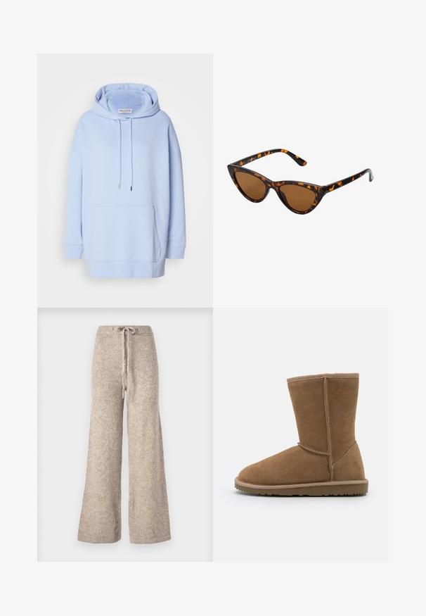 Cappotto in pelliccia sintetica marrone con un ampio colletto, vestibilità ampia e texture morbida. Presenta un design voluminoso e senza chiusure visibili.; Felpa blu chiaro con cappuccio ampio, lacci e tasca a scomparsa frontale. Realizzata in tessuto morbido con polsini e orlo a coste.; Pantaloni beige a gamba larga realizzati in tessuto a maglia testurizzata, con vita regolabile e vestibilità comoda.; Stivale alla caviglia in suede marrone con punta tondeggiante, cuciture verticali e suola piatta in gomma. Il design presenta cuciture attorno all'apertura.; Occhiali da sole cat-eye con una montatura tartarugata nera e arancione, lenti marroni e punte affusolate e eleganti. Presentano un logo minimale sulla asta.; Borsa a mano in suede marrone scuro con una forma strutturata, dotata di due manici superiori e una tracolla removibile con una fibbia in tonalità oro.