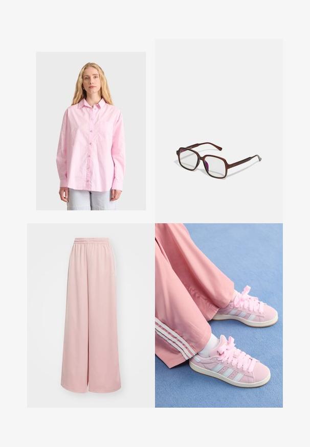 Brązowy płaszcz z futra sztucznego z szerokim kołnierzem, luźnym krojem i miękką teksturą. Charakteryzuje się objętościowym fasonem i brakiem widocznych zapięć.; Jasnoróżowa koszula zapinana na guziki o luźnym kroju z jedną kieszenią na piersi i długimi rękawami. Tkanina wydaje się gładka z subtelną teksturą.; Jasnoróżowe spodnie typu wide-leg z elastycznym paskiem. Gładka tkanina z bocznymi kieszeniami i subtelnym logo na lewej nodze.; Różowe buty sportowe z jasnoniebieskimi paskami, okrągłym noskiem i grubymi różowymi sznurówkami, w połączeniu z różowymi spodniami dresowymi z białymi bocznymi paskami.; Brązowe, prostokątne okulary z przezroczystymi soczewkami i fioletowymi odcieniami. Gładka plastikowa oprawka z prostymi zausznikami i subtelnymi detalami.; Żółta torebka z lakierowanej skóry o zaokrąglonym kształcie, z jednym uchwytem u góry i srebrną blaszką z logo. Posiada zamek błyskawiczny oraz gładką teksturę.; Pięć bransoletek: bransoleta z ciemnego drewna, dwa łańcuszki w złotym kolorze oraz dwa pierścienie z bursztynowej żywicy z złotymi akcentami i gładką fakturą.