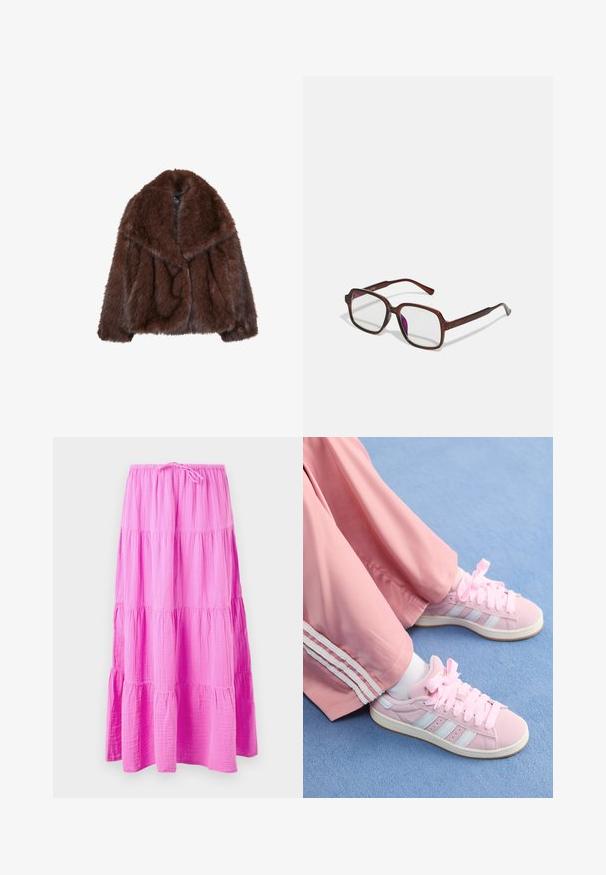 Bruine nepbontjas met een brede kraag, een losse pasvorm en een zachte textuur. Kenmerkt zich door een volumineus ontwerp en heeft geen zichtbare sluitingen.; Langsleeve, ronde hals t-shirt van donkerbruin katoen. Vloeiende textuur met een rechte zoom en zijsplitten aan de onderkant.; Lange, gelaagde rok in felroze, gemaakt van zachte, textuurrijke stof. Heeft een elastische tailleband met een trekkoord voor een verstelbare pasvorm.; Roze sportieve schoenen met lichtblauwe strepen, ronde neuzen en dikke roze veters, gecombineerd met roze trainingsbroeken met witte zijstrepen.; Bruine, rechthoekige bril met transparante glazen en paarse tinten. Glad kunststof montuur met rechte pootjes en subtiele accenten.; Gouden ring met een groot "M" ontwerp, bezaaid met kleine heldere rhinestones, glanzende, zachte band, moderne en gedurfde uitstraling.