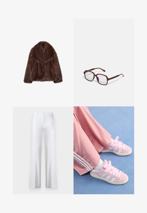 Brown faux fur coat with a wide collar, loose fit, and soft texture. Features a voluminous design and no visible fastenings.; Long-sleeve, crew-neck t-shirt in dark brown cotton fabric. Smooth texture with a straight hem and side slits at the bottom.; White wide-leg jeans with a high waist, featuring a button closure, five-pocket design, and cuffed hems. Made from denim fabric.; Pink athletic shoes with light blue stripes, round toe, and thick pink laces, paired with pink track pants featuring white side stripes.; Brown, rectangular eyeglasses with transparent lenses and purple tints. Smooth plastic frame with straight temples and subtle accents.; Yellow patent leather handbag with a rounded shape, single top handle, and a silver logo plate. Features a zip closure and smooth texture.