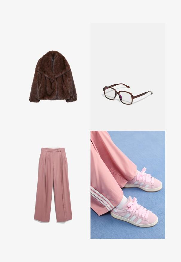 Brauner Kunstpelzmantel mit breitem Kragen, lockerer Passform und weicher Textur. Hat ein voluminöses Design und keine sichtbaren Verschlüsse.; Langärmliges T-Shirt mit Rundhalsausschnitt aus dunkelbraunem Baumwollstoff. Glatte Textur mit geradem Saum und Seitenschlitzen am unteren Ende.; Weite Hosen aus weich pinkem Stoff, mit Frontfalten, Seitentaschen, einem Knopfverschluss und einer glatten Textur.; Rosa Sportschuhe mit hellblauen Streifen, runder Zehenform und dicken rosa Schnürsenkeln, kombiniert mit rosa Jogginghosen mit weißen Seitenstreifen.; Braune, rechteckige Brille mit transparenten Gläsern und lila Tönungen. Glatter Kunststoffrahmen mit geraden Bügeln und dezenten Akzenten.; Gelbe lackierte Lederhandtasche mit runder Form, einem einzelnen oberen Griff und einer silbernen Logo-Platte. Verfügt über einen Reißverschluss und eine glatte Textur.