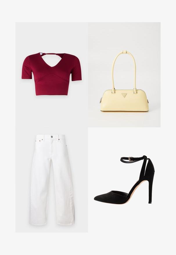 Smeđi kaput od umjetnog krzna s širokim ovratnikom, slobodnim krojem i mekanom teksturom. Ima bujan dizajn i nema vidljivih kopčanja.; Burgundska kratka majica od glatkog materijala, s kratkim rukavima, V-izrezom i isječkom na leđima s naboranim prednjim dizajnom.; Bijele široke traperice od pamučnog denima. Imaju kopčanje na dugme i patentni zatvarač, prednje džepove i suptilno šivanje duž šavova.; Crne antilop cipele s visokom petom, s špicastim prstom, remenom oko gležnja i stiletto potpeticom. Dizajn se odlikuje glatkom teksturom i minimalnim detaljima.; Žuta lakirana kožna torba za ruke zaobljenog oblika, s jednim gornjim drške i srebrnom logotip pločicom. Ima zatvaranje na zip i glatku teksturu.; Zlatni prsten s velikim dizajnom slova "M", ukrašen malim prozirnim rhinestones, s glatkim sjajnim pojasom i modernim hrabrim izgledom.