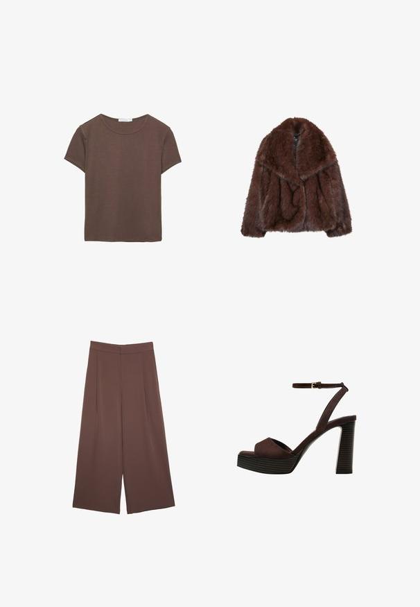 Hnědý kožich z umělé kožešiny s širokým límcem, volným střihem a měkkou texturou. Disponuje objemným designem a bez viditelných zapínání.; Hnědé tričko s krátkým rukávem vyrobené z měkké látky, s kulatým výstřihem a volným střihem, se rovnými okraji a bez viditelných vzorů.; Hnědé široké kalhoty s hladkou texturou, vysokým pasem a předními záhyby. Materiál je lehký a volně splývá.; Hnědé semišové sandály na vysokém podpatku s otevřenou špičkou, nastavitelným páskem kolem kotníku a proužkovou platformou.