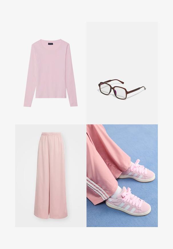 Ruskea tekoturkis takki, jossa on leveä kaulus, löysä istuvuus ja pehmeä pinta. Takissa on runsas muotoilu ja ei näkyviä kiinnityksiä.; Vaaleanpunainen pitkähihaisessa ribbipaita, jossa on pyöreä pääntie ja tiukka siluetti. Valmistettu pehmeästä, teksturoidusta kankaasta. Minimalistinen muotoilu, ilman kuoseja.; Vaaleanpunaiset leveälahkeiset housut, jossa on joustava vyötärö. Liukas kangas, jossa on sivutaskut ja huomaamaton logomerkintä vasemmassa lahkeessa.; Vaaleanpunaiset urheilujalkineet, joissa on vaaleansiniset raidat, pyöreä kärki ja paksut vaaleanpunaiset nauhat. Niiden kanssa on yhdistetty vaaleanpunaiset treenihousut, joissa on valkoiset sivuraidat.; Ruske, rektangulære briller med transparente linser og lilla toner. Glatt plastisk ramme med rette stenger og subtile detaljer.