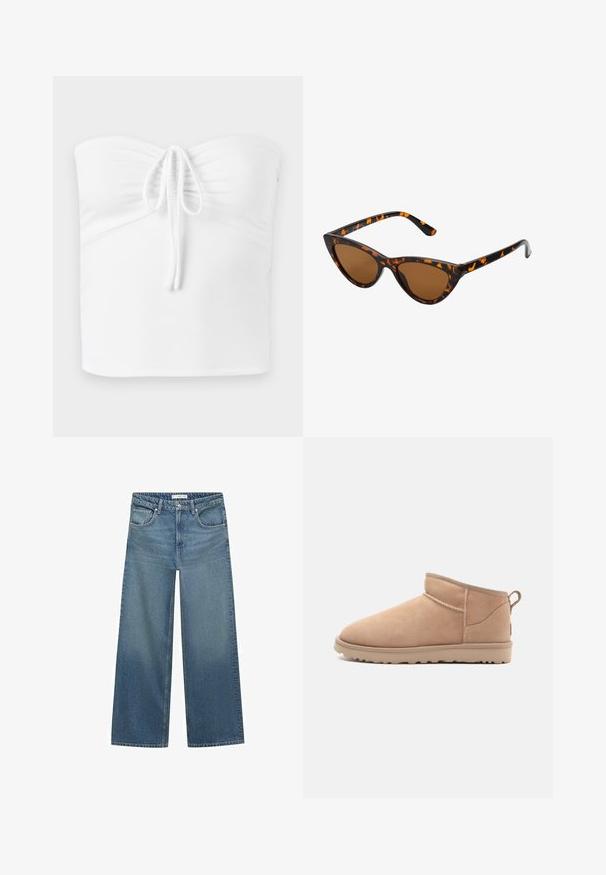 Hnědý kožich z umělé kožešiny s širokým límcem, volným střihem a měkkou texturou. Disponuje objemným designem a bez viditelných zapínání.; Bílý top bez ramínek se skládáním vpředu, má stahovací šňůrku uprostřed, vyrobený z hladkého, elastického materiálu.; Světle modré široké džíny vyrobené z denimu, s polovičním pasem, dvěma předními kapsami a klasickými stehy.; Béžové semišové kotníkové boty s zaoblenou špičkou, jemnou texturou, jednoduchým designem a nízkou gumovou podrážkou. Disponují poutkem na zadní straně.; Sluneční brýle ve stylu kočičích očí s černo-oranžovým želvovinovým rámem, hnědými skly a elegantními, špičatými konci. Obsahují minimalistické logo na straně.; Tmavě hnědá semišová kabelka se strukturovaným tvarem, která má dvě horní uchy a odnímatelný popruh s akcentem ve zlatém tónu.