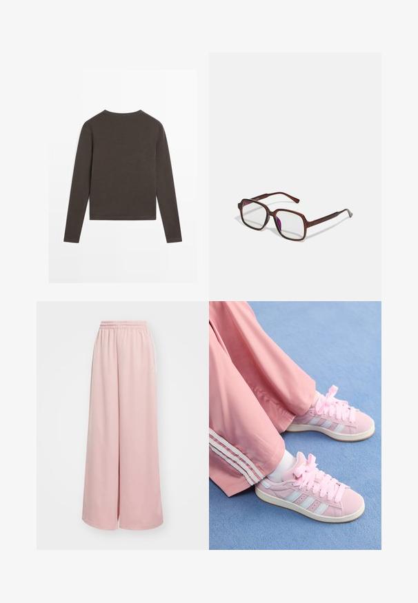 Cappotto in pelliccia sintetica marrone con un ampio colletto, vestibilità ampia e texture morbida. Presenta un design voluminoso e senza chiusure visibili.; T-shirt a maniche lunghe e scollo rotondo in cotone marrone scuro. Tessuto liscio con orlo dritto e spacchetti laterali nella parte inferiore.; Pantaloni ampi rosa chiaro con vita elastica. Tessuto morbido con tasche laterali e un leggero logo sulla gamba sinistra.; Scarpe da ginnastica rosa con strisce azzurro chiaro, punta tonda e spesse lacci rosa, abbinate a pantaloni da jogging rosa con strisce bianche ai lati.; Occhiali rettangolari marroni con lenti trasparenti e tonalità viola. Montatura in plastica liscia con stanghette dritte e accenti sottili.; Borsa a mano in pelle verniciata gialla con forma arrotondata, manico singolo superiore e una placca logo argentata. Presenta una chiusura con zip e una texture liscia.; Anello d'oro con un grande design a "M", incastonato con piccoli strass trasparenti, banda liscia e lucida, dal aspetto moderno e audace.