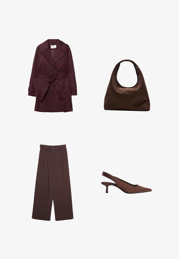 Bordowy dwurzędowy płaszcz trencz z paskiem, dużym kołnierzem z wycięciem, kieszeniami na klapach i detalami guzików. Gładki materiał o matowym wykończeniu.; Biała koszulka z krótkim rękawem, wykonana z bawełny. Posiada okrągły dekolt i luźny krój. Gładka faktura bez widocznych wzorów czy akcentów.; Stradivarius - Spodnie materiałowe; Brązowy but na obcasie typu slingback z szpiczastym noskiem, gładką teksturą, smukłym, średniej wysokości obcasem oraz minimalistycznym designem.; Miękka, brązowa torebka w stylu hobo z jedną szeroką rączką i wyprofilowanym otwarciem, wyeksponowana na białym tle.