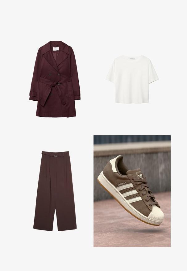 Burgundin värinen kaksirivinen trench-takki, jossa on vyö, suuri lovikuvioinen kaulus, läpälliset taskut ja nappidetaljit. Sujuva kangas, jossa on mattapintainen pinta.; Valkoinen lyhythihainen T-paita, joka on tehty puuvillasta. Siinä on pyöreä kaula-aukko ja rento malli. Silkkinen pinta ilman näkyviä kuvioita tai koristeita.; Stradivarius WIDE-LEG WITH BUCKLE DETAIL - Housut - dark brown; Ruskeat mokka-tennarit, joissa on valkoiset raidat, kermaiset yksityiskohdat ja kuminen kärki. Varustettu nauhaketjulla ja kuvioidulla kuminpohjalla.