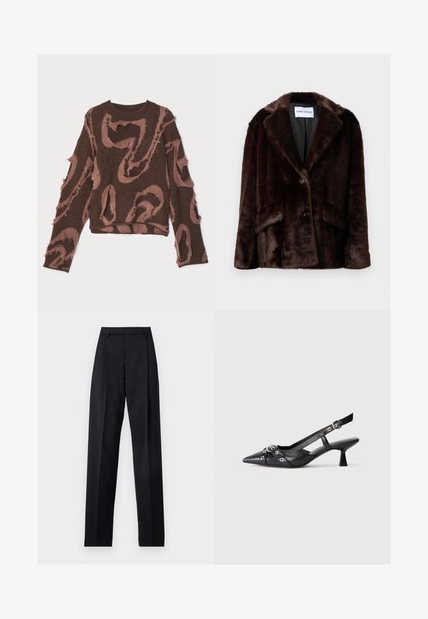 Tumedat pruunid sünteetilisest karusnahast mantlid laiade kraede, nööpklõpsu ja esiflipiga, ripuvad lihtsa valge tausta ees.; Pruun soonikk-sviiter tekstuuriga disainiga, kus on narmastega alad ja keerduv roosa muster. Ümar kaelus ja pikad varrukad.; Mustad püksid siledast kangast, millel on kõrge vöökoht, laiad jalad, esimesed kortsud ja klassikalised vööloopid. Küljepockets pole nähtavad.; Must must have must toote tõmblukuga, dekoratiivsed rihmad metallist silmadega ja madal blokk-kand. Tekstureeritud pind.