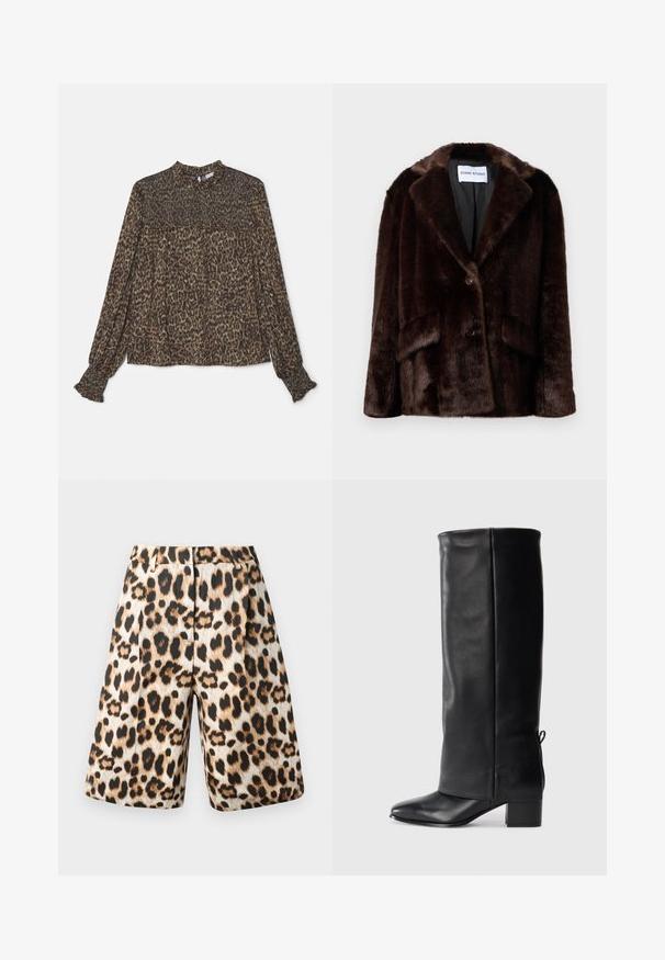 Sötétbarna műszőrme kabát széles rejtegetőkkel, gombzárással és elülső zsebflapokkal, egy sima fehér háttér előtt lóg.; Leopárd mintás blúz barna és zöld árnyalatokban, magas nyakú, hosszú ujjú, redőzött díszítéssel az alján és az ujjaknál.; Leopárdmintás rövidnadrág bézs és fekete árnyalatok keverékével, redős kialakítással és oldalsó zsebekkel. Simább anyagból készült, fényes bevonattal.; Fekete bőr, térd fölé érő csizmák sima felülettel, négyzetes orral, tömbsarkal és oldalsó kötőelemmel az állítható illeszkedésért.