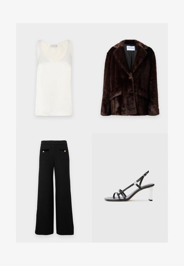 Sötétbarna műszőrme kabát széles rejtegetőkkel, gombzárással és elülső zsebflapokkal, egy sima fehér háttér előtt lóg.; Fehér selymes ujjatlan top, kerek nyakkivágással és sima felülettel, finom fényvédelemmel és letisztult élekkel.; Fekete, bő szárú nadrág texturált anyagból, amely két elülső zsebbel rendelkezik fekete bársonyos részletekkel és aranygombos díszítéssel.; Fekete magassarkú szandál, több keskeny pánttal, slingback fazonnal és ezüst szegéllyel a sarkon. Simább anyagú felsőrész és négyzet alakú sarok.