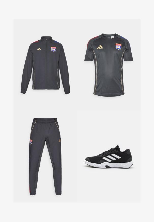 Veste de sport noire avec des accents dorés, dotée d'une fermeture éclair complète, d'un col montant, et de rayures horizontales bleu et rouge sur les épaules. Logo de l'Olympique Lyonnais.; Maillot de sport noir à manches courtes, avec des accents dorés et un logo d'équipe. Fabriqué en matériau lisse qui évacue l'humidité.; Pantalons de sport gris foncé avec des accents dorés, dotés d'une taille élastique, d'un patch logo et de détails latéraux rouges et bleus. Texture du tissu lisse.; Baskets de sport noires avec une tige en mesh texturé, des rayures blanches, une semelle rembourrée et un talon renforcé pour le soutien.