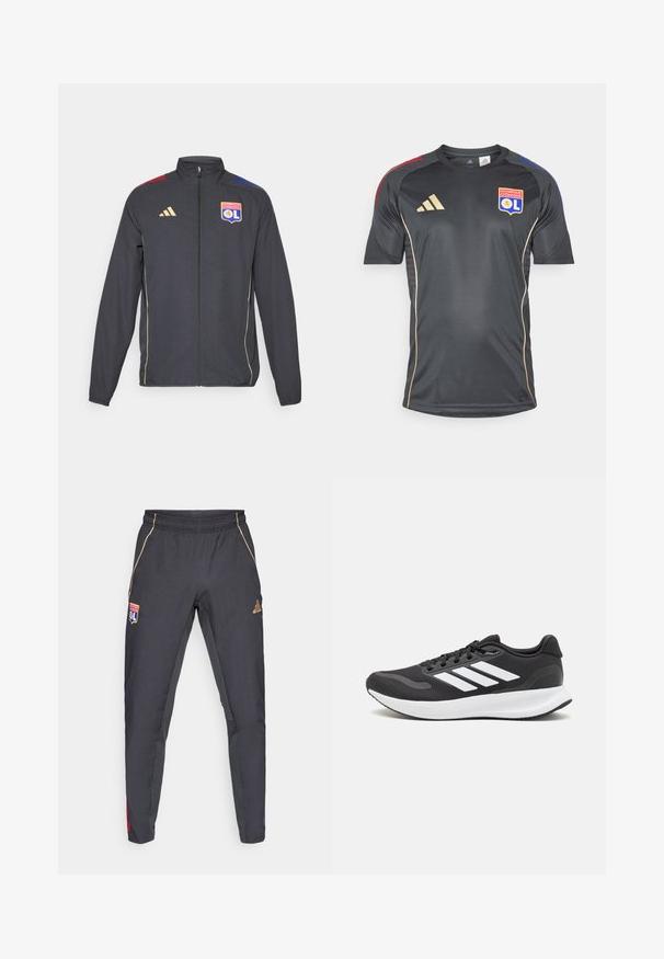 Svart idrettsjakke med gullaksenter, med full glidelås, høy krage og blå og røde horisontale striper på skuldrene. Olympique Lyonnais-logo.; Svart idrettsjersey med korte ermer, med gulldetaljer og laglogo. Laget av glatt, fukttransporterende materiale.; Mørk grå treningsbukser med gull detaljer, med hårstrikk, logo-patch og røde og blå sidestykker. Glatt stofftekstur.; Svarte sportsko med pustende mesh-overdel, hvite detaljer og en polstret såle. Har tre striper-logo på siden.