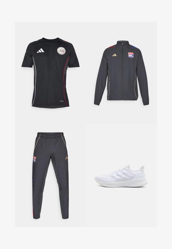 Giacca sportiva nera con accenti dorati, dotata di cerniera completa, colletto alto e strisce orizzontali blu e rosse sulle spalle. Logo dell'Olympique Lyonnais.; Maglietta sportiva nera a maniche corte con colletto rotondo, dettagli bianchi, strisce rosse sui lati e un emblema circolare sul petto.; Pantaloni sportivi grigio scuro con accenti dorati, dotati di una vita, patch con logo e dettagli laterali rossi e blu. Texture del tessuto liscia.; Scarpe sportive bianche con tomaia in mesh texturato, suola ammortizzata e supportiva, e design a tre strisce sul lato.