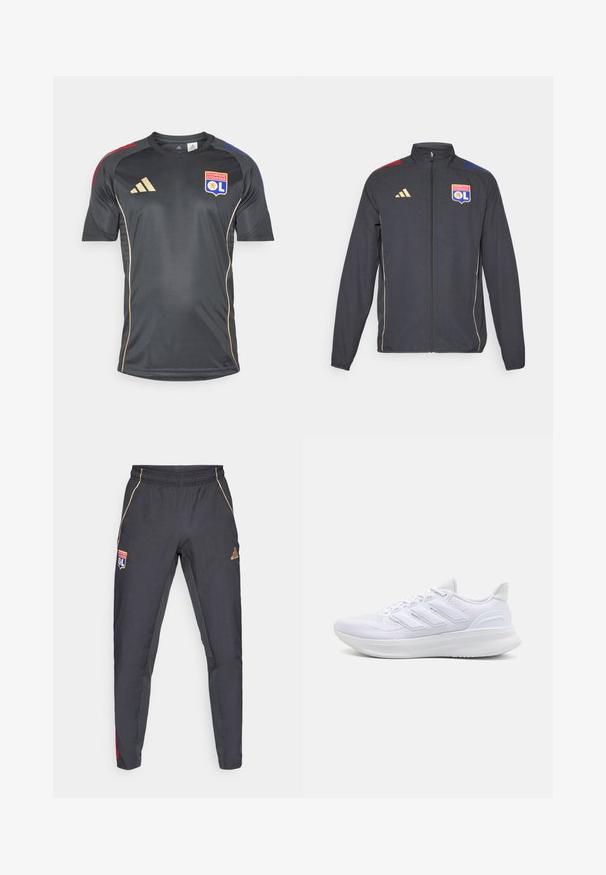 Chaqueta deportiva negra con detalles dorados, con cremallera completa, cuello alto y franjas horizontales azules y rojas en los hombros. Logo del Olympique de Lyon.; Jersey deportivo negro de manga corta, con acentos dorados y un logo del equipo. Fabricado con un material suave que absorbe la humedad.; Pantalones deportivos gris oscuro con acentos dorados, que cuentan con una cinturilla, parche de logo y detalles laterales en rojo y azul. Textura de tela suave.; Zapatillas deportivas blancas con una parte superior de malla texturizada, suela acolchada y soporte, y un diseño de tres rayas en el lateral.