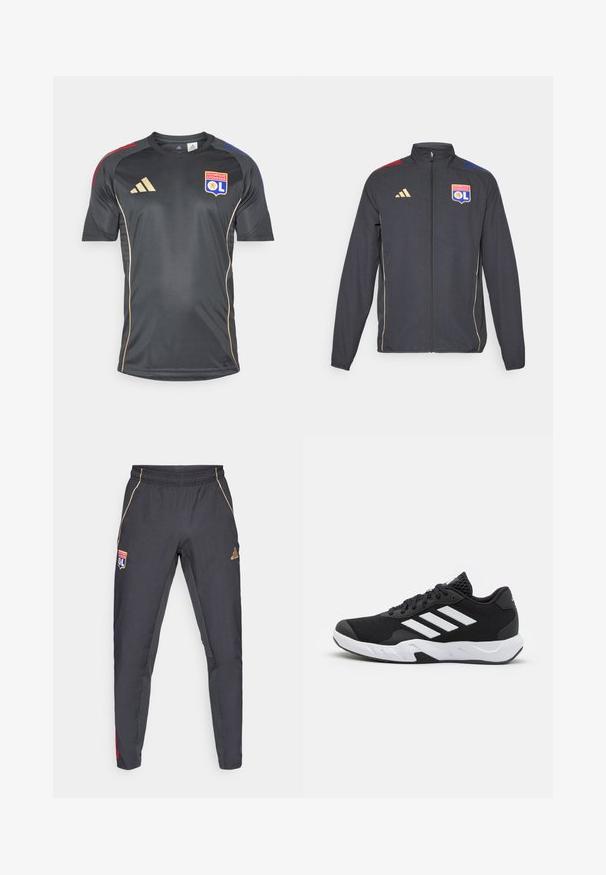Czarna sportowa kurtka z złotymi akcentami, z pełnym zamkiem, wysokim kołnierzem i niebieskimi oraz czerwonymi poziomymi paskami na ramionach. Logo Olympique Lyonnais.; Czarna sportowa koszulka z krótkim rękawem, z złotymi akcentami i logo drużyny. Wykonana z gładkiego, pochłaniającego wilgoć materiału.; Ciemnoszare spodenki sportowe z złotymi akcentami, z elastycznym paskiem w talii, naszywką z logo oraz czerwonymi i niebieskimi detalami po bokach. Gładka tekstura materiału.; Czarne buty sportowe z teksturowaną siateczką u góry, białymi paskami akcentującymi, amortyzującą podeszwą i wzmocnionym piętą dla wsparcia.
