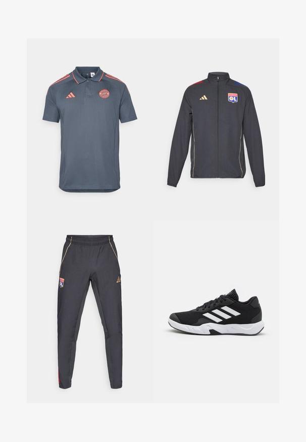 Svart atletisk jacka med guldaccent, med full dragkedja, hög krage och blå samt röda horisontella ränder på axlarna. Olympique Lyonnais-logotyp.; Mörkgrå pikétröja med korta ärmar, med orangea detaljer på axlarna och kragen, samt en Bayern München-logotyp på bröstet.; Mörkgrå träningbyxor med gulddetaljer, med midjeband, logotypmärke och sidodetaljer i rött och blått. Slät tygtextur.; Svarta sportskor med ett texturerat nätövre, vita accentlinjer, en dämpad sula och en förstärkt häl för stöd.