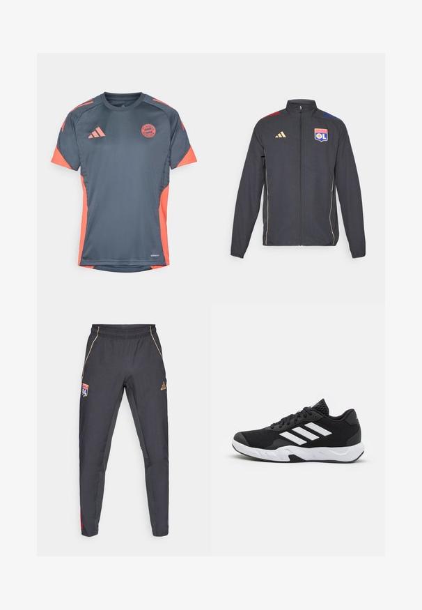 Czarna sportowa kurtka z złotymi akcentami, z pełnym zamkiem, wysokim kołnierzem i niebieskimi oraz czerwonymi poziomymi paskami na ramionach. Logo Olympique Lyonnais.; Szara koszulka sportowa z pomarańczowymi akcentami, z krótkim rękawem, okrągłym dekoltem i logo FC Bayern München z przodu. Wykonana z oddychającego materiału.; Ciemnoszare spodenki sportowe z złotymi akcentami, z elastycznym paskiem w talii, naszywką z logo oraz czerwonymi i niebieskimi detalami po bokach. Gładka tekstura materiału.; Czarne buty sportowe z teksturowaną siateczką u góry, białymi paskami akcentującymi, amortyzującą podeszwą i wzmocnionym piętą dla wsparcia.