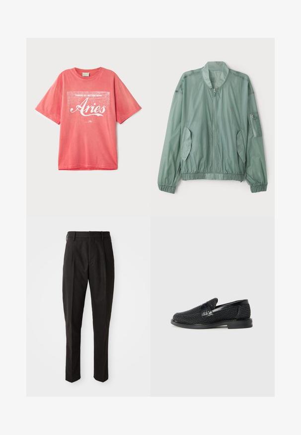 Šviesiai žalia bomber tipo striukė, pagaminta iš lengvos medžiagos. Turi užtrauktuką priekyje, elastines rankoves, dvi šonines kišenes ir zip užtrauktuką ant rankovės.; Koralo trumpas rankovėmis marškinėliai, pagaminti iš medvilnės, laisvos prigimties. Yra balta spauda su užrašu „Aspektai gerėja su Avinu.“; Juodos vilnos mišinio kelnės tiesiu siluetu, su plokščiu priekiu, dviem šoninėmis kišenėmis ir sklandžia tekstūra.; Juodas pintas slip-on tipo batelis su lygiu odiniu akcentu viršuje, apvalios nosies dizainas ir žemas guminis padas.