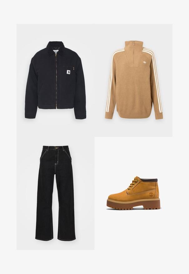 Jachetă din denim negru cu guler din catifea, fermoar frontal și o buzunar pe piept dotat cu un fermoar auriu și un patch cu logo pe partea stângă.; Pulover maro cu nervuri, cu guler înalt și fermoar pe jumătate, având trei dungi albe pe mâneci și un mic logo pe piept.; Jeans negri, cu pantaloni evazați, din denim, caracterizându-se prin cusături albe contrastante și închidere cu un nasture în față, având două buzunare frontale înclinate.; Cizme de gleznă din piele maronie, cu vârf rotund, accente brune, talpă groasă și șireturi galbene contrastante. Prezintă un logo pe lateral.