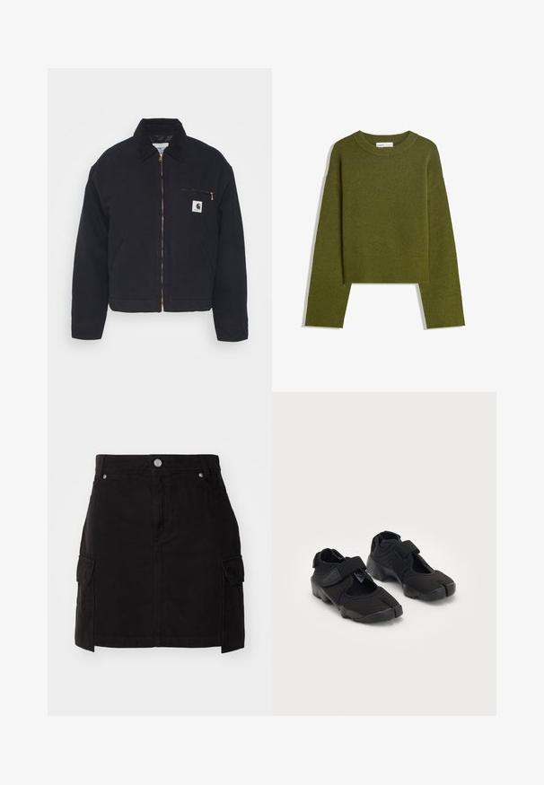 Čierna džínsová bunda s kordrovým golierom, predným zipsom a náprsné vrecko s modrým zipsom a nášivkou loga na ľavej strane.; Olivovo zelený pletený sveter s okrúhlym výstrihom, dlhými rukávmi a rebrovaným lemom. Vyznačuje sa skráteným strihom s jemným, textúrovaným povrchom.; Čierna džínsová sukňa s priliehajúcim strihom, predným zapínaním na gombíky a dvomi bočnými vreckami. Navrhnuté s prešitými detailmi.; Čierne vodné topánky vyrobené z flexibilného materiálu s suchým zipsom, ktoré majú jedinečný dizajn s rozdelenými prstami a textúrovanú gumovú podrážku pre lepšiu priľnavosť.