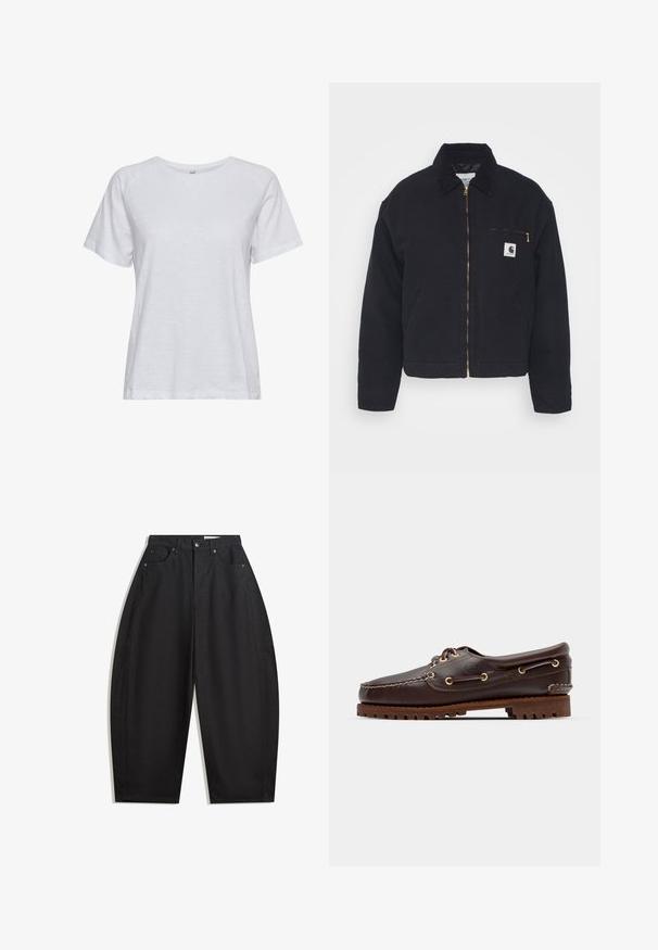 Czarna kurtka ze denimu z kołnierzem z sztruksu, zamkiem na przodzie oraz kieszenią na piersi z złotym zamkiem i naszywką z logo po lewej stronie.; Oliwkowy dzianinowy sweter z okrągłym dekoltem, długimi rękawami i ribbowym wykończeniem. Charakteryzuje się skróconym fasonem i miękkim, teksturowanym wykończeniem.; Biała koszulka z krótkim rękawem wykonana z lekkiego materiału, z okrągłym dekoltem, gładką teksturą i prostym wzornictwem bez wzorów.; Czarne spodnie szerokie w nogawkach wykonane z bawełny, z wysokim stanem, pięcioma kieszeniami i metalowym zapięciem. Gładka tekstura i brak widocznych wzorów.; Brązowe skórzane buty w stylu boat shoe z złotymi oczkami, okrągłymi sznurowadłami oraz teksturowaną brązową gumową podeszwą. Zawierają przeszycia i wypukłe logo.
