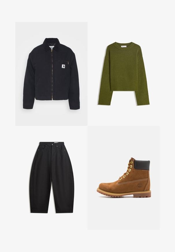 Musta farkkutakki, jossa on samettikaulus, vetoketjukiinnitys ja rintatasku, jossa on kultainen vetoketju ja logo-patch vasemmalla puolella.; Oliivihreä neulepaita, jossa on pyöreä kaula-aukko, pitkät hihat ja ribattu helma. Sisältää lyhennetyn muotoilun pehmeällä, teksturoidulla pinnalla.; Mustat leveät housut, valmistettu puuvillasta, joissa on korkea vyötärö, viisi taskua ja metallinen napitus. Tasainen pinta ilman näkyviä kuvioita.; Ruske nubuk ankle boot s crnim podstavljenim okovom, zlatnim rupicama, vezanjem sprijeda i gumeni potplat s teksturiranim uzorkom.