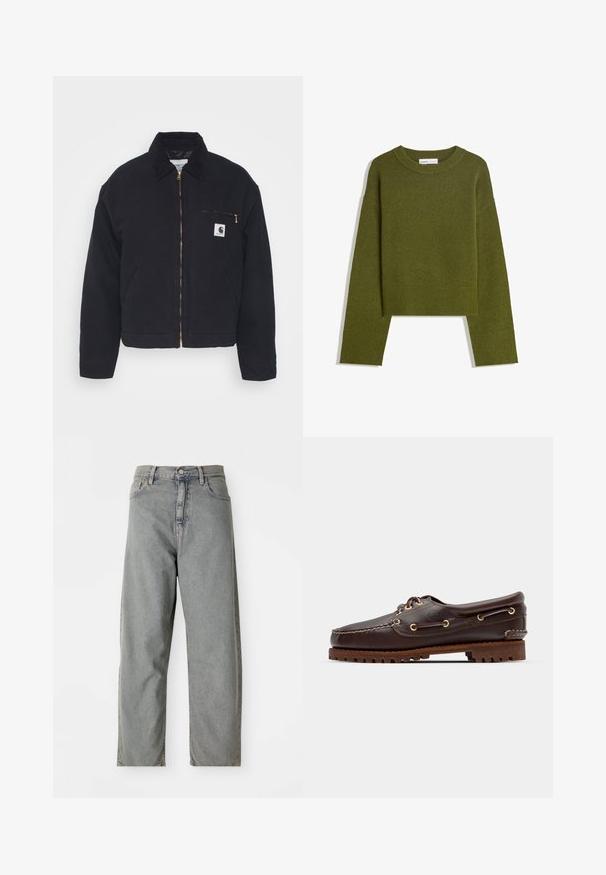 Black denim jacket with a corduroy collar, zip front, and a chest pocket featuring a gold zipper and a logo patch on the left side.; Olive green knitted sweater with a round neck, long sleeves, and ribbed hem. Features a cropped design with a soft, textured finish.; Light gray denim jeans with a straight-leg design, featuring a front button closure, five pockets, and subtle fading.; Brown leather boat shoe with gold eyelets, round laces, and a textured brown rubber sole. Features stitched detailing and a raised logo.