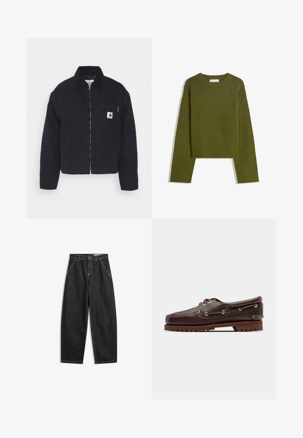Černá denimová bunda s manšestrovým límcem, předním uzávěrem na zip a náprsní kapsou, která má zlatý zip a nášivku s logem na levé straně.; Olivově zelený pletený svetr s kulatým výstřihem, dlouhými rukávy a žebrovaným lemem. Má zkrácený střih a měkký, texturovaný povrch.; Černé džínové kalhoty s vysokým pasem, širokými nohavicemi, předními kapsami, zapínáním na knoflík a viditelným béžovým prošíváním na bílém pozadí.; Hnědé kožené lodní boty se zlatými očky, kulatými tkaničkami a texturovanou hnědou gumovou podrážkou. Obsahují zašitý detail a vyvýšené logo.