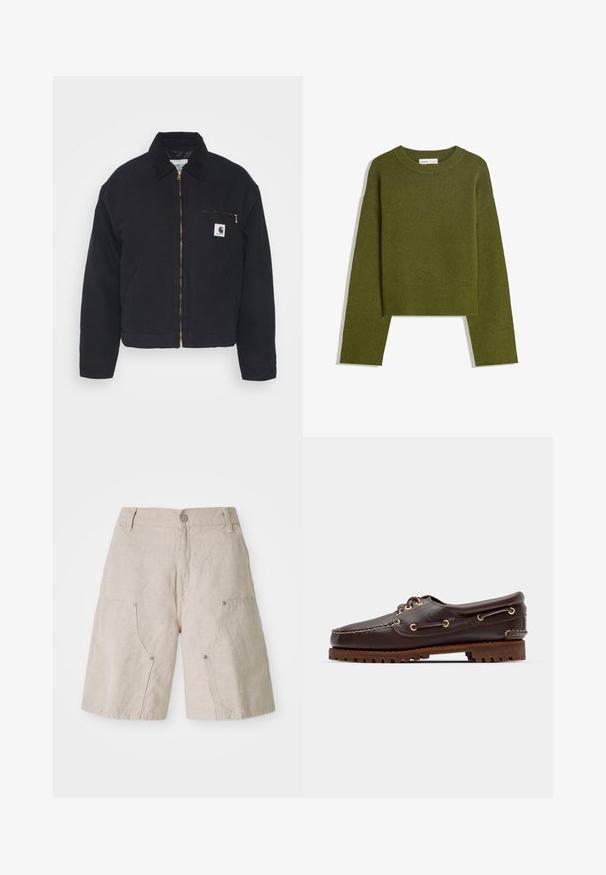 Jachetă din denim negru cu guler din catifea, fermoar frontal și o buzunar pe piept dotat cu un fermoar auriu și un patch cu logo pe partea stângă.; Pulover tricotat de culoare verde măsliniu, cu guler rotund, mâneci lungi și tiv ribotat. Dispune de un croi scurt și are un finisaj moale, texturat.; Shorts din in bej, cu o croială lejeră, având două buzunare frontale și accente metalice circulare. Design casual cu un finisaj texturat.; Șlapi de punt pe culoare maro din piele, cu ochiuri aurii, șireturi rotunde și o talpă texturată din cauciuc maro. Prezintă detalii cusute și un logo ridicat.