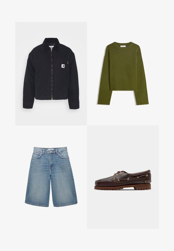 Čierna džínsová bunda s kordrovým golierom, predným zipsom a náprsné vrecko s modrým zipsom a nášivkou loga na ľavej strane.; Olivovo zelený pletený sveter s okrúhlym výstrihom, dlhými rukávmi a rebrovaným lemom. Vyznačuje sa skráteným strihom s jemným, textúrovaným povrchom.; PULL&BEAR Denimové šortky - blue denim; Hnedé kožené loďkové topánky so zlatými očkami, okrúhlymi šnúrkami a štruktúrovanou hnedou gumovou podrážkou. Obsahuje prešívané detaily a vyvýšené logo.
