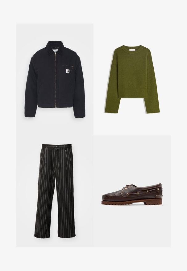 Musta farkkutakki, jossa on samettikaulus, vetoketjukiinnitys ja rintatasku, jossa on kultainen vetoketju ja logo-patch vasemmalla puolella.; Oliivihreä neulepaita, jossa on pyöreä kaula-aukko, pitkät hihat ja ribattu helma. Sisältää lyhennetyn muotoilun pehmeällä, teksturoidulla pinnalla.; Mustat leveälahkeiset housut, joissa on pystysuuntainen raidoituskuvio, valmistettu sileästä kankaasta, nappisuljenta ja sivutaskut.; Ruskeaharmaat nahkaiset venesandaalit kultaisilla silmärei'illä, pyöreällä nauhalla ja teksturoidulla ruskealla kumipohjalla. Sisältää kirjontayksityiskohtia ja kohotetun logon.