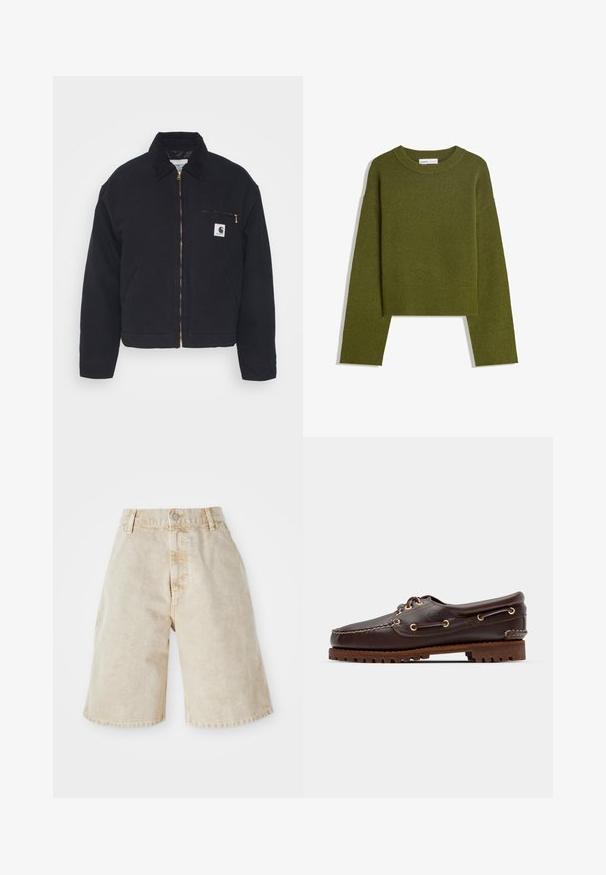 Zwart denim jack met een corduroy kraag, ritssluiting vooraan en een borstzak met een gouden rits en een logo patch aan de linkerkant.; Olijfgroene gebreide trui met een ronde hals, lange mouwen en een geribde zoom. Beschikt over een cropped ontwerp met een zachte, gestructureerde afwerking.; Beige denim shorts met een hoge taille, knoopsluiting en voorzakken. Heeft een casual, losse pasvorm en lichtjes verfranste zoomranden.; Bruine leren bootsschoen met gouden oogjes, ronde veters en een gestructureerde bruine rubberen zool. Kenmerkt zich door gestikte details en een verhoogd logo.