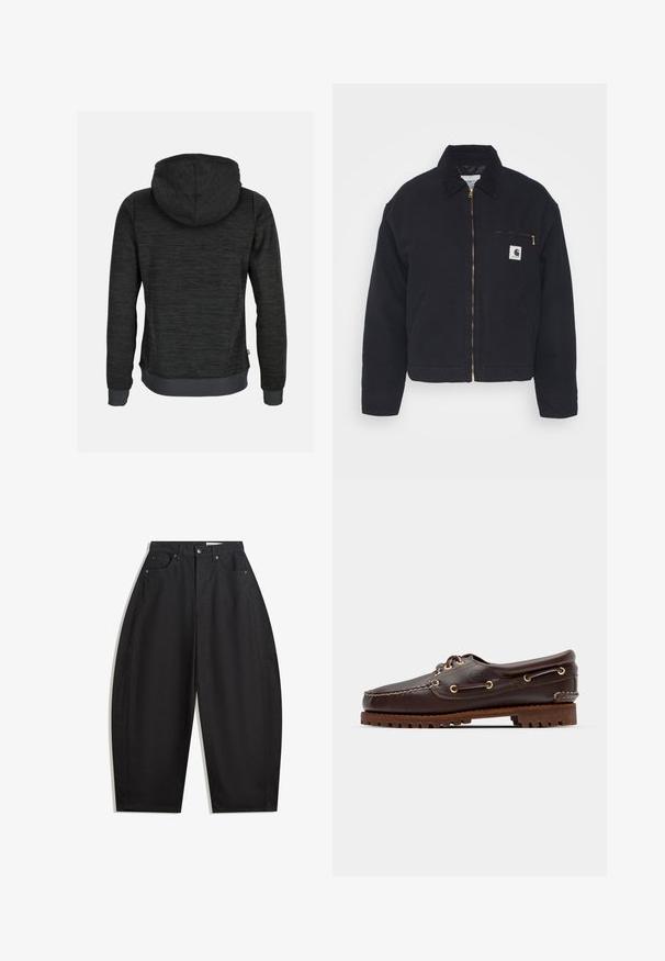 Musta farkkutakki, jossa on samettikaulus, vetoketjukiinnitys ja rintatasku, jossa on kultainen vetoketju ja logo-patch vasemmalla puolella.; Tummanharmaa huppari, jossa on teksturoitu kangas, naruhuppu, ribbaustaskut ja helma, ja siinä on pieni logotagi sivussa.; Mustat leveät housut, valmistettu puuvillasta, joissa on korkea vyötärö, viisi taskua ja metallinen napitus. Tasainen pinta ilman näkyviä kuvioita.; Ruskeaharmaat nahkaiset venesandaalit kultaisilla silmärei'illä, pyöreällä nauhalla ja teksturoidulla ruskealla kumipohjalla. Sisältää kirjontayksityiskohtia ja kohotetun logon.