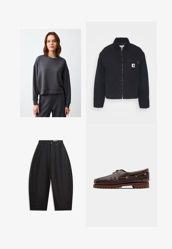 Zwart denim jack met een corduroy kraag, ritssluiting vooraan en een borstzak met een gouden rits en een logo patch aan de linkerkant.; Donkergrijze sweatshirt met een losse fit, ronde halslijn en lange mouwen. Gemaakt van zachte, gladde stof met een iets verkorte zoom.; Zwarte wijde broek gemaakt van katoen, met een hoge taille, vijf zakken en metalen knoopsluiting. Gladde textuur en geen zichtbare patronen.; Bruine leren bootsschoen met gouden oogjes, ronde veters en een gestructureerde bruine rubberen zool. Kenmerkt zich door gestikte details en een verhoogd logo.